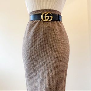 VINTAGE Brown Tan Wool Tweed Midi Pencil Skirt